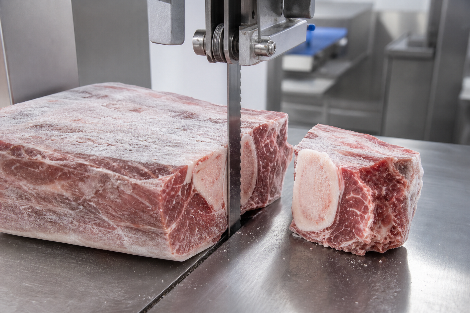 Bandsaw cutting frozen meat and bone in a hygienic processing room