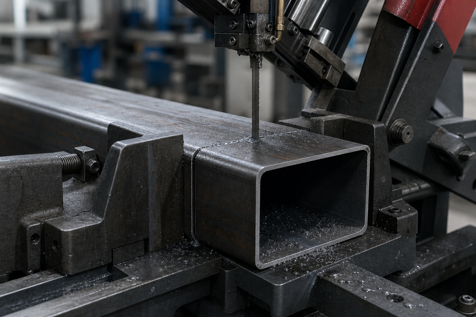 Horizontal bandsaw cutting rectangular steel tube