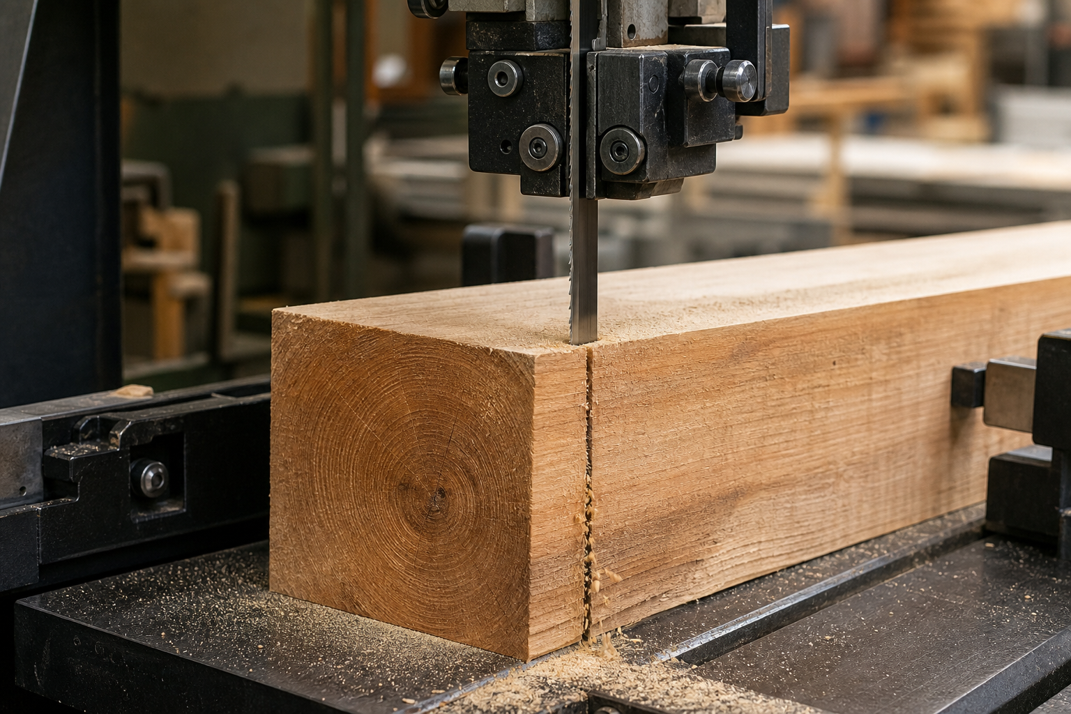 Industrial bandsaw cutting a solid timber beam